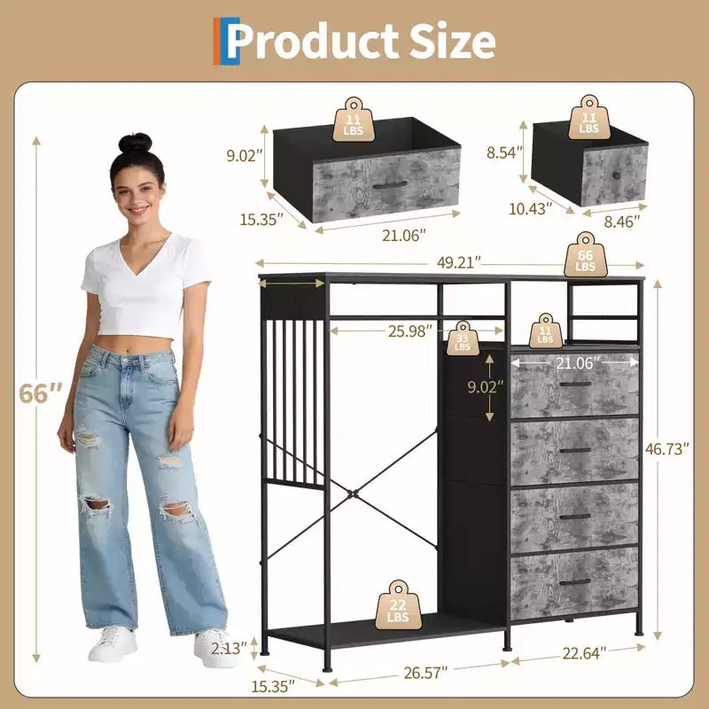 6-Drawer Dresser with Clothes Rack & Charging Station, Fabric Storage Chest with Wood Top & Lights, Closet Organizer Cabinet for Bedroom