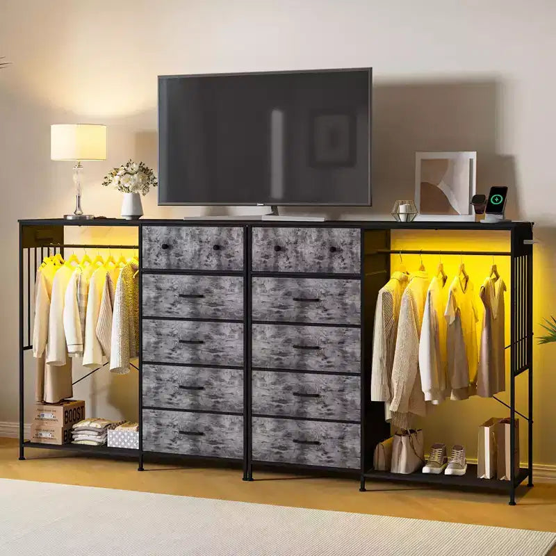 6-Drawer Dresser with Clothes Rack & Charging Station, Fabric Storage Chest with Wood Top & Lights, Closet Organizer Cabinet for Bedroom