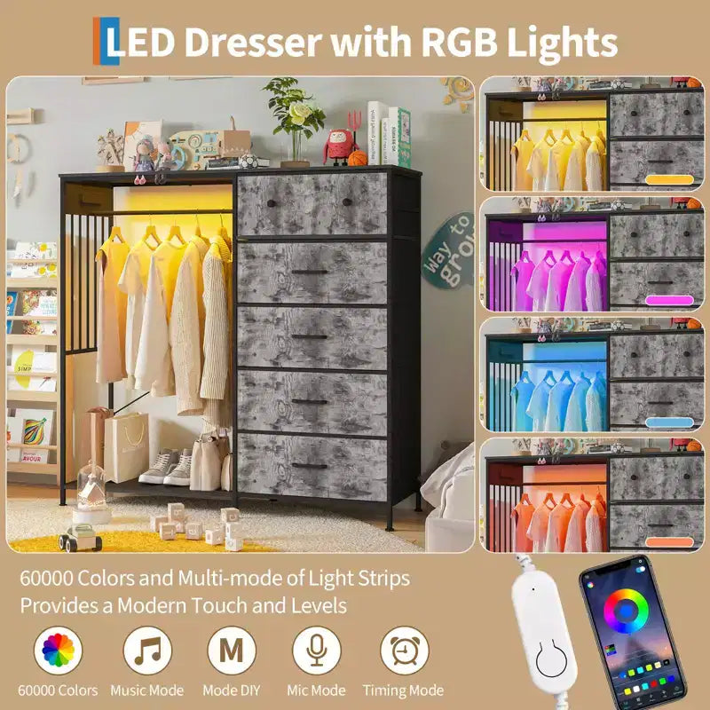 6-Drawer Dresser with Clothes Rack & Charging Station, Fabric Storage Chest with Wood Top & Lights, Closet Organizer Cabinet for Bedroom