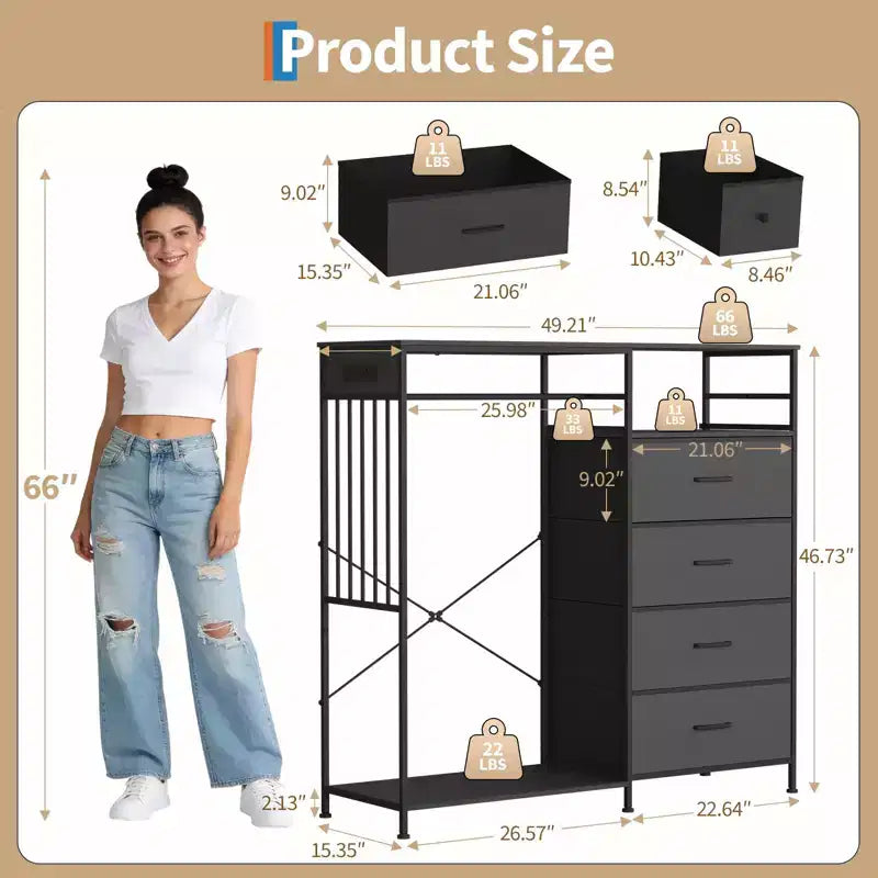 6-Drawer Dresser with Clothes Rack & Charging Station, Fabric Storage Chest with Wood Top & Lights, Closet Organizer Cabinet for Bedroom