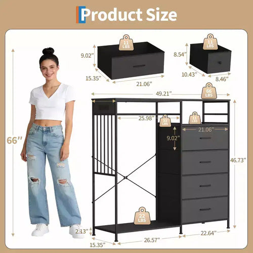 6-Drawer Dresser with Clothes Rack & Charging Station, Fabric Storage Chest with Wood Top & Lights, Closet Organizer Cabinet for Bedroom