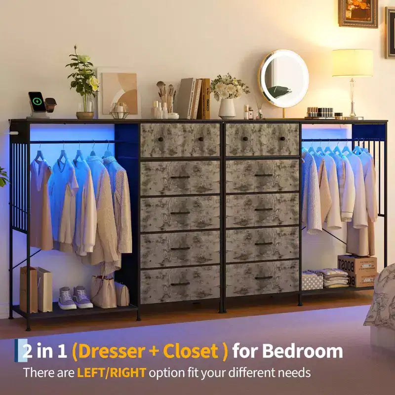 6-Drawer Dresser with Clothes Rack & Charging Station, Fabric Storage Chest with Wood Top & Lights, Closet Organizer Cabinet for Bedroom