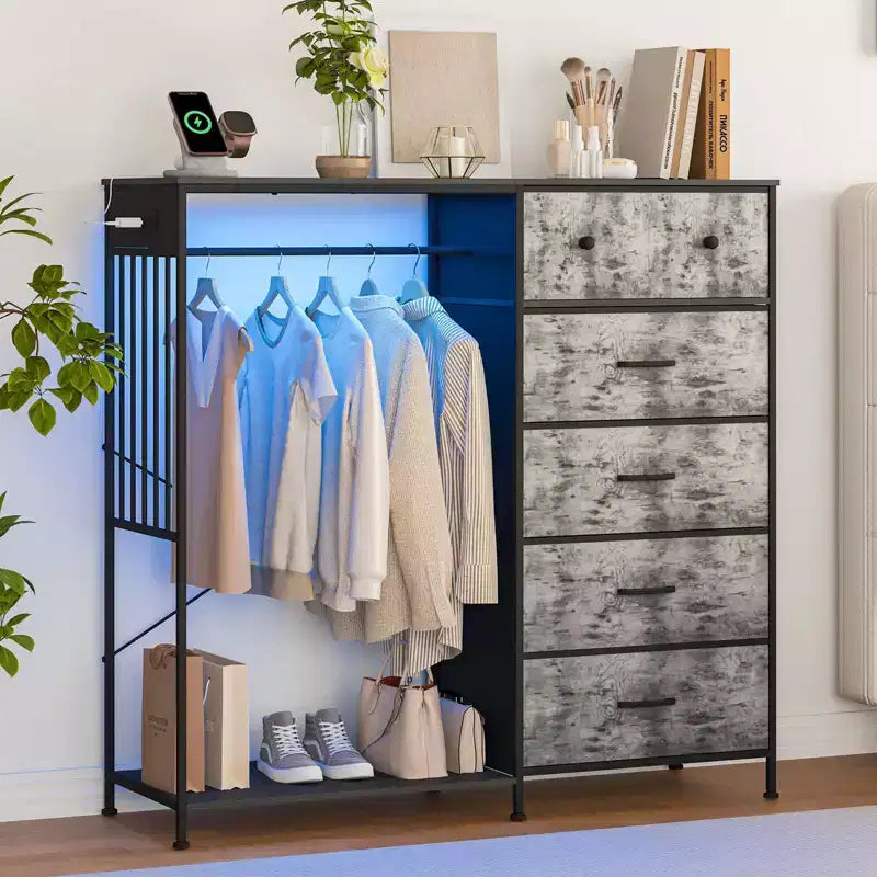 6-Drawer Dresser with Clothes Rack & Charging Station, Fabric Storage Chest with Wood Top & Lights, Closet Organizer Cabinet for Bedroom