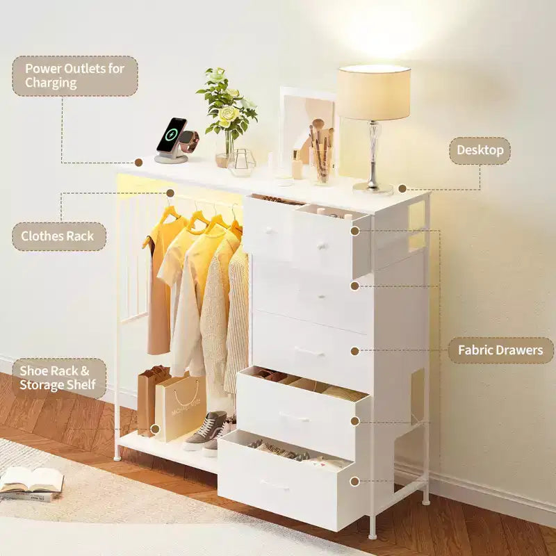 6-Drawer Dresser with Clothes Rack & Charging Station, Fabric Storage Chest with Wood Top & Lights, Closet Organizer Cabinet for Bedroom