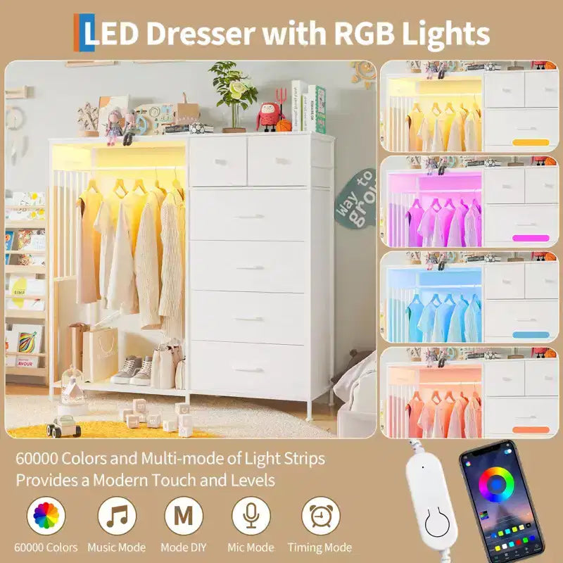 6-Drawer Dresser with Clothes Rack & Charging Station, Fabric Storage Chest with Wood Top & Lights, Closet Organizer Cabinet for Bedroom