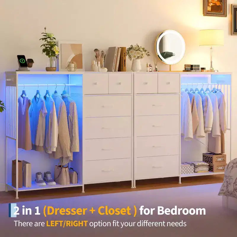 6-Drawer Dresser with Clothes Rack & Charging Station, Fabric Storage Chest with Wood Top & Lights, Closet Organizer Cabinet for Bedroom