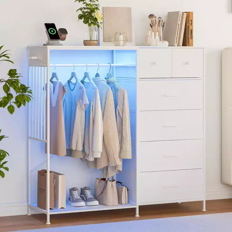 6-Drawer Dresser with Clothes Rack & Charging Station, Fabric Storage Chest with Wood Top & Lights, Closet Organizer Cabinet for Bedroom