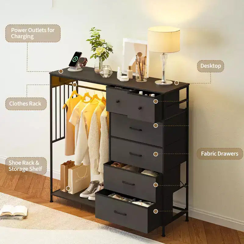 6-Drawer Dresser with Clothes Rack & Charging Station, Fabric Storage Chest with Wood Top & Lights, Closet Organizer Cabinet for Bedroom