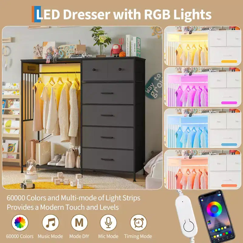 6-Drawer Dresser with Clothes Rack & Charging Station, Fabric Storage Chest with Wood Top & Lights, Closet Organizer Cabinet for Bedroom