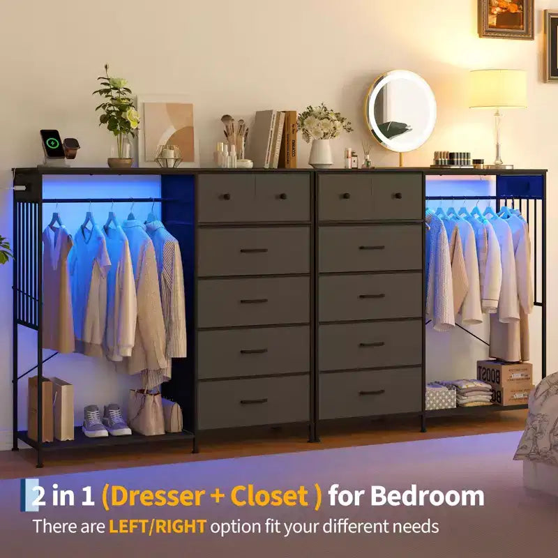 6-Drawer Dresser with Clothes Rack & Charging Station, Fabric Storage Chest with Wood Top & Lights, Closet Organizer Cabinet for Bedroom