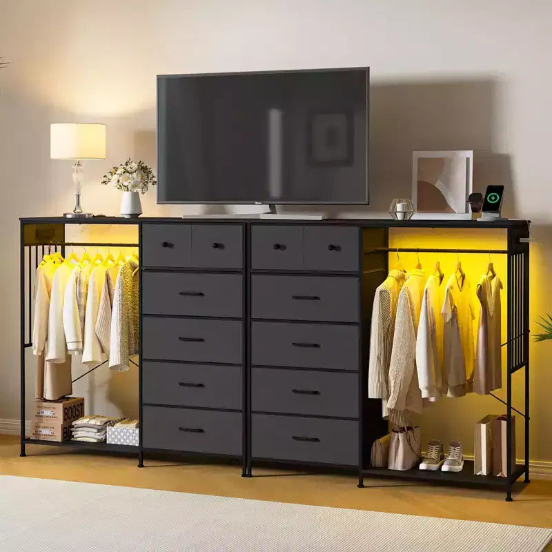 6-Drawer Dresser with Clothes Rack & Charging Station, Fabric Storage Chest with Wood Top & Lights, Closet Organizer Cabinet for Bedroom