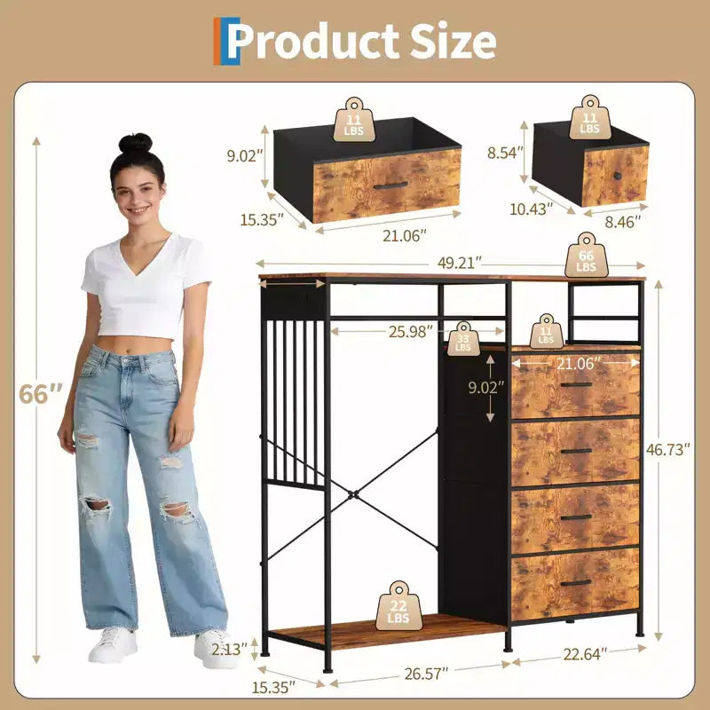 6-Drawer Dresser with Clothes Rack & Charging Station, Fabric Storage Chest with Wood Top & Lights, Closet Organizer Cabinet for Bedroom