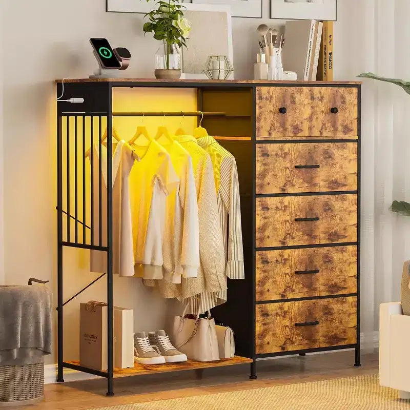 6-Drawer Dresser with Clothes Rack & Charging Station, Fabric Storage Chest with Wood Top & Lights, Closet Organizer Cabinet for Bedroom