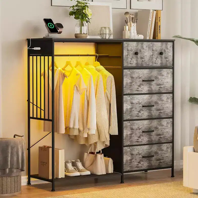 6-Drawer Dresser with Clothes Rack & Charging Station, Fabric Storage Chest with Wood Top & Lights, Closet Organizer Cabinet for Bedroom