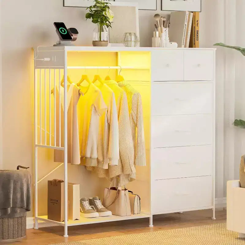 6-Drawer Dresser with Clothes Rack & Charging Station, Fabric Storage Chest with Wood Top & Lights, Closet Organizer Cabinet for Bedroom