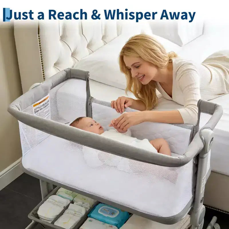 6-Height Adjustable Baby Bassinet Bedside Sleeper, 3-in-1 Portable Newborn Crib with Breathable Mesh Sides, Mattress and Large Storage
