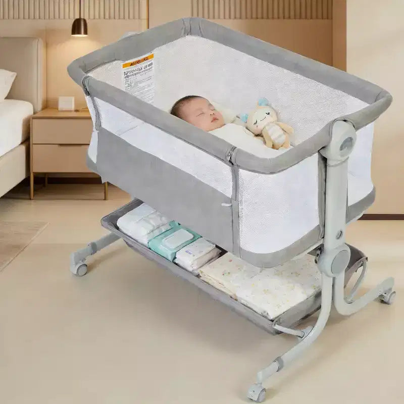 6-Height Adjustable Baby Bassinet Bedside Sleeper, 3-in-1 Portable Newborn Crib with Breathable Mesh Sides, Mattress and Large Storage