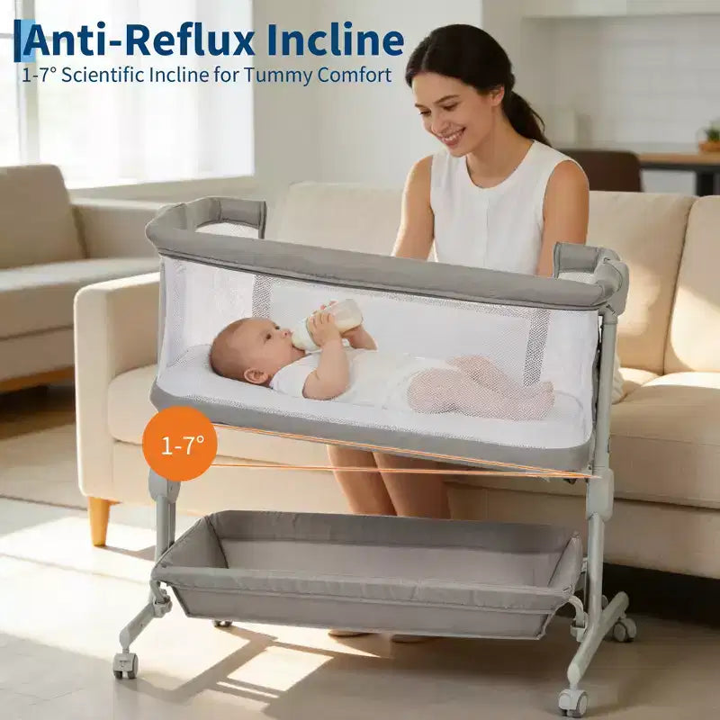 6-Height Adjustable Baby Bassinet Bedside Sleeper, 3-in-1 Portable Newborn Crib with Breathable Mesh Sides, Mattress and Large Storage