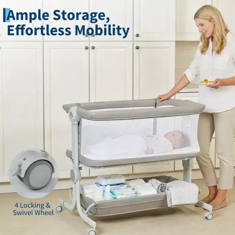 6-Height Adjustable Baby Bassinet Bedside Sleeper, 3-in-1 Portable Newborn Crib with Breathable Mesh Sides, Mattress and Large Storage