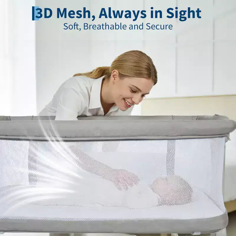 6-Height Adjustable Baby Bassinet Bedside Sleeper, 3-in-1 Portable Newborn Crib with Breathable Mesh Sides, Mattress and Large Storage