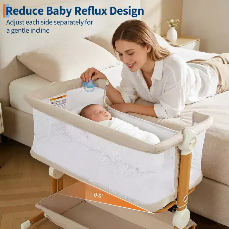 6-Height Adjustable Baby Bassinet Bedside Sleeper, 3-in-1 Portable Newborn Crib with Breathable Mesh Sides, Mattress and Large Storage