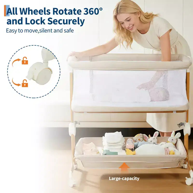 6-Height Adjustable Baby Bassinet Bedside Sleeper, 3-in-1 Portable Newborn Crib with Breathable Mesh Sides, Mattress and Large Storage
