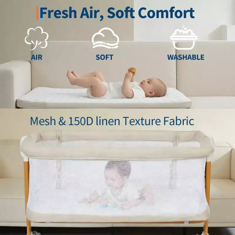 6-Height Adjustable Baby Bassinet Bedside Sleeper, 3-in-1 Portable Newborn Crib with Breathable Mesh Sides, Mattress and Large Storage