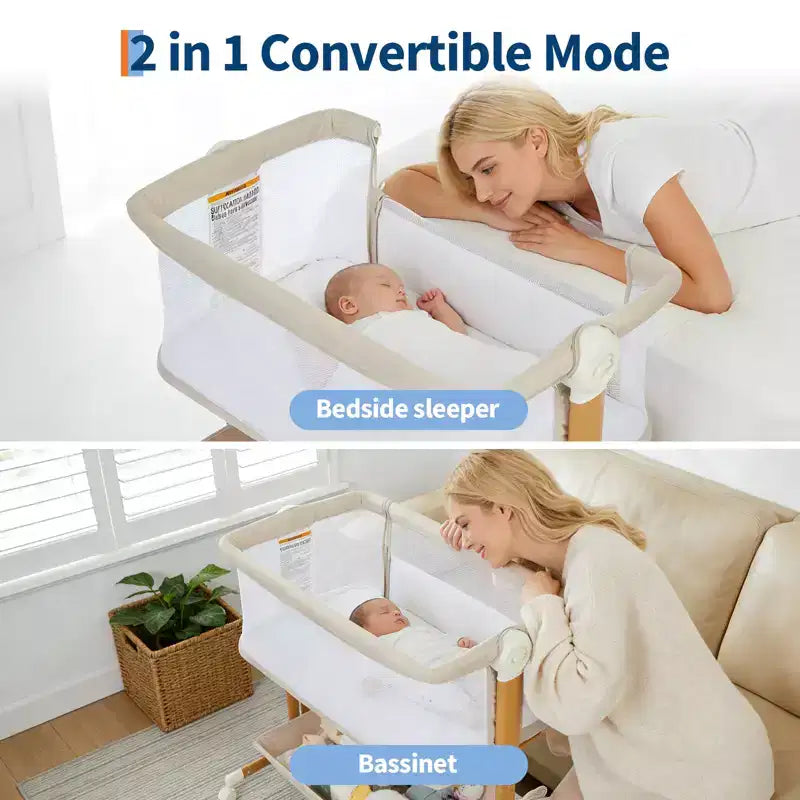 6-Height Adjustable Baby Bassinet Bedside Sleeper, 3-in-1 Portable Newborn Crib with Breathable Mesh Sides, Mattress and Large Storage