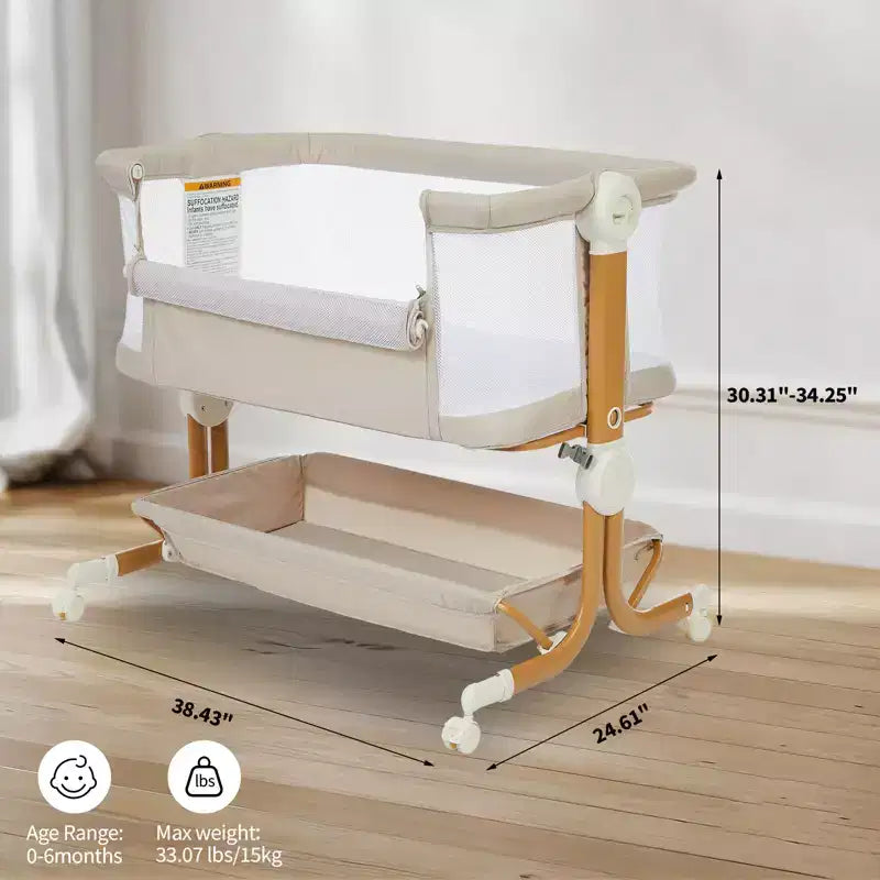 6-Height Adjustable Baby Bassinet Bedside Sleeper, 3-in-1 Portable Newborn Crib with Breathable Mesh Sides, Mattress and Large Storage