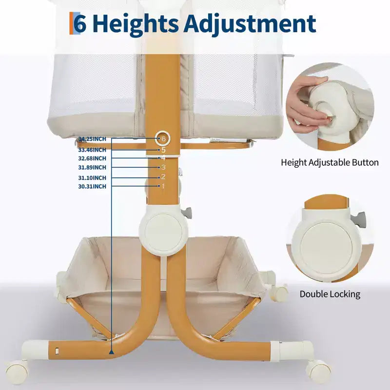 6-Height Adjustable Baby Bassinet Bedside Sleeper, 3-in-1 Portable Newborn Crib with Breathable Mesh Sides, Mattress and Large Storage