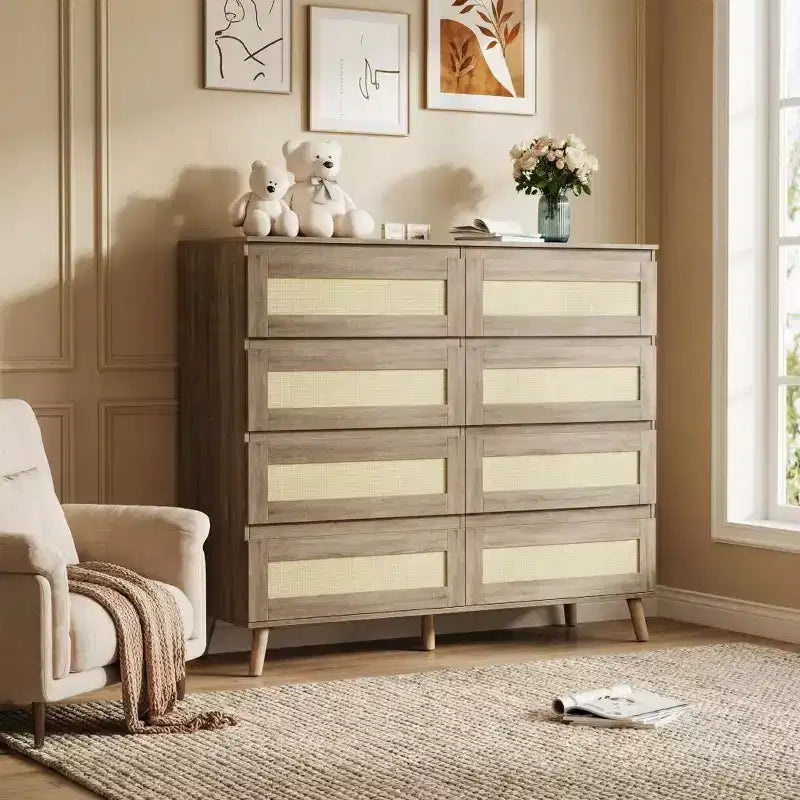Modern Boho Rattan 8 Drawer Dresser, Wide Wooden Chest with Wooden Legs & Rattan Fronts, Ample Storage for Bedroom, Nursery, Living Room
