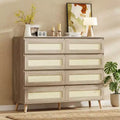 Modern Boho Rattan 8 Drawer Dresser, Wide Wooden Chest with Wooden Legs & Rattan Fronts, Ample Storage for Bedroom, Nursery, Living Room