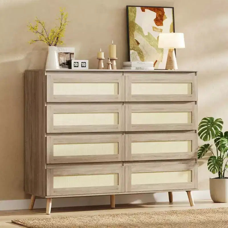 Modern Boho Rattan 8 Drawer Dresser, Wide Wooden Chest with Wooden Legs & Rattan Fronts, Ample Storage for Bedroom, Nursery, Living Room