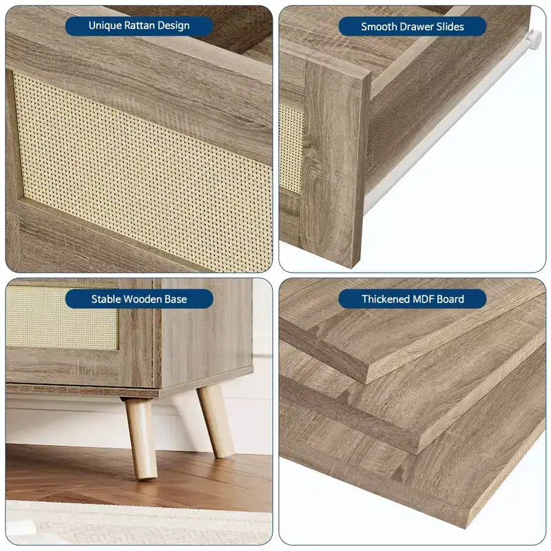 Modern Boho Rattan 8 Drawer Dresser, Wide Wooden Chest with Wooden Legs & Rattan Fronts, Ample Storage for Bedroom, Nursery, Living Room