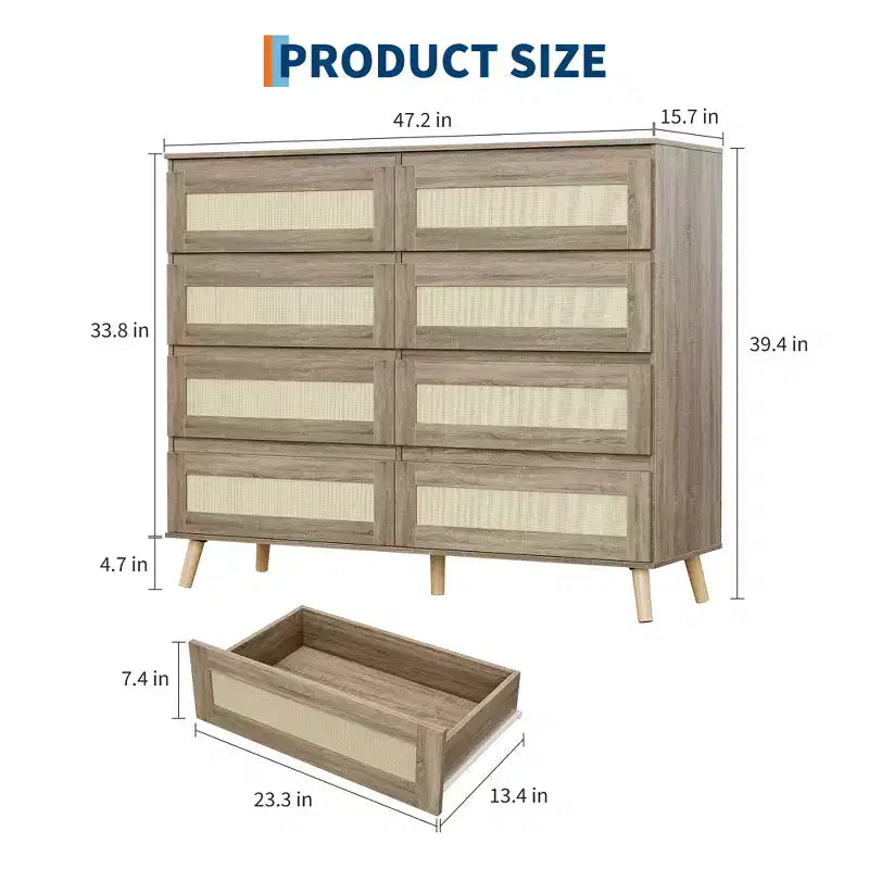 Modern Boho Rattan 8 Drawer Dresser, Wide Wooden Chest with Wooden Legs & Rattan Fronts, Ample Storage for Bedroom, Nursery, Living Room