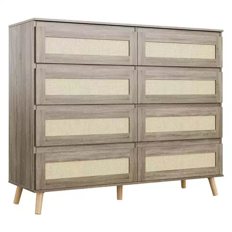 Modern Boho Rattan 8 Drawer Dresser, Wide Wooden Chest with Wooden Legs & Rattan Fronts, Ample Storage for Bedroom, Nursery, Living Room