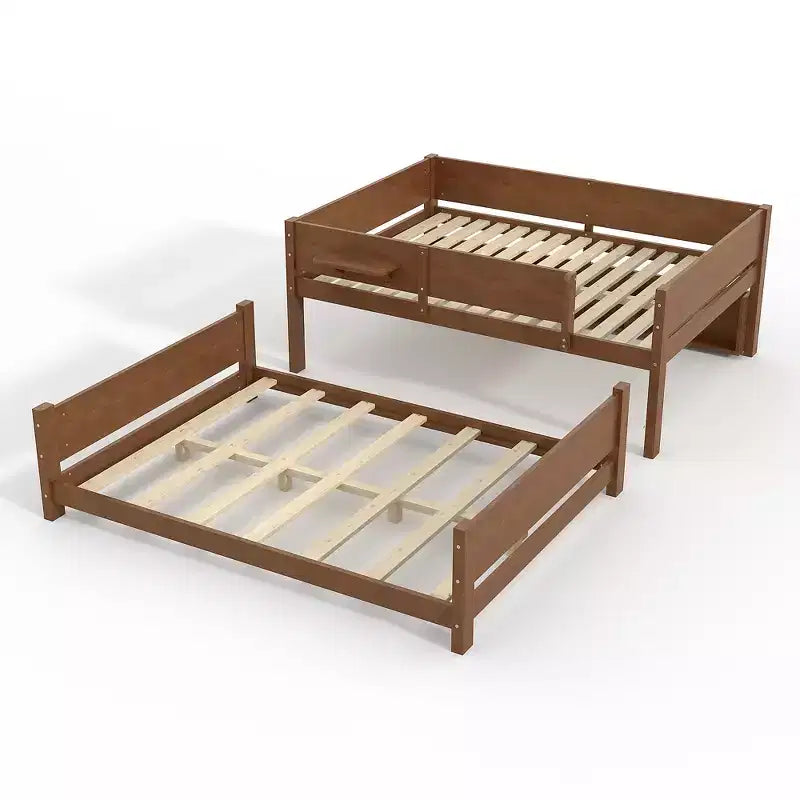 ModernLuxe Queen Size Solid Wood Bunk Bed with Storage Shelves & Built-In Tray, Convertible Bed Frame for Family/Vacation Home