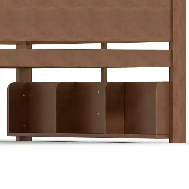 ModernLuxe Queen Size Solid Wood Bunk Bed with Storage Shelves & Built-In Tray, Convertible Bed Frame for Family/Vacation Home