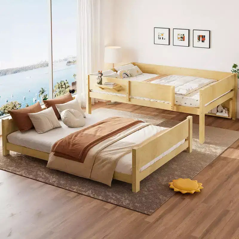 ModernLuxe Queen Size Solid Wood Bunk Bed with Storage Shelves & Built-In Tray, Convertible Bed Frame for Family/Vacation Home
