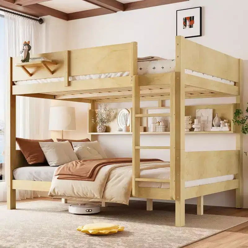 ModernLuxe Queen Size Solid Wood Bunk Bed with Storage Shelves & Built-In Tray, Convertible Bed Frame for Family/Vacation Home