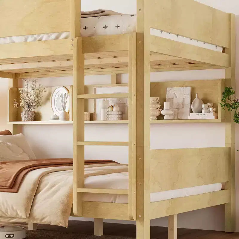ModernLuxe Queen Size Solid Wood Bunk Bed with Storage Shelves & Built-In Tray, Convertible Bed Frame for Family/Vacation Home