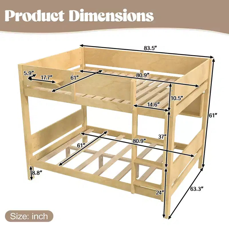 ModernLuxe Queen Size Solid Wood Bunk Bed with Storage Shelves & Built-In Tray, Convertible Bed Frame for Family/Vacation Home
