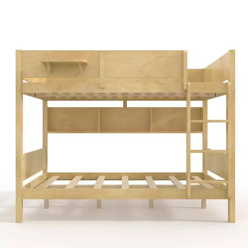 ModernLuxe Queen Size Solid Wood Bunk Bed with Storage Shelves & Built-In Tray, Convertible Bed Frame for Family/Vacation Home