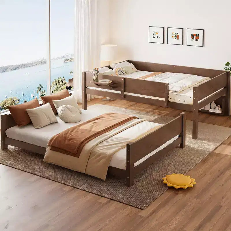 ModernLuxe Queen Size Solid Wood Bunk Bed with Storage Shelves & Built-In Tray, Convertible Bed Frame for Family/Vacation Home