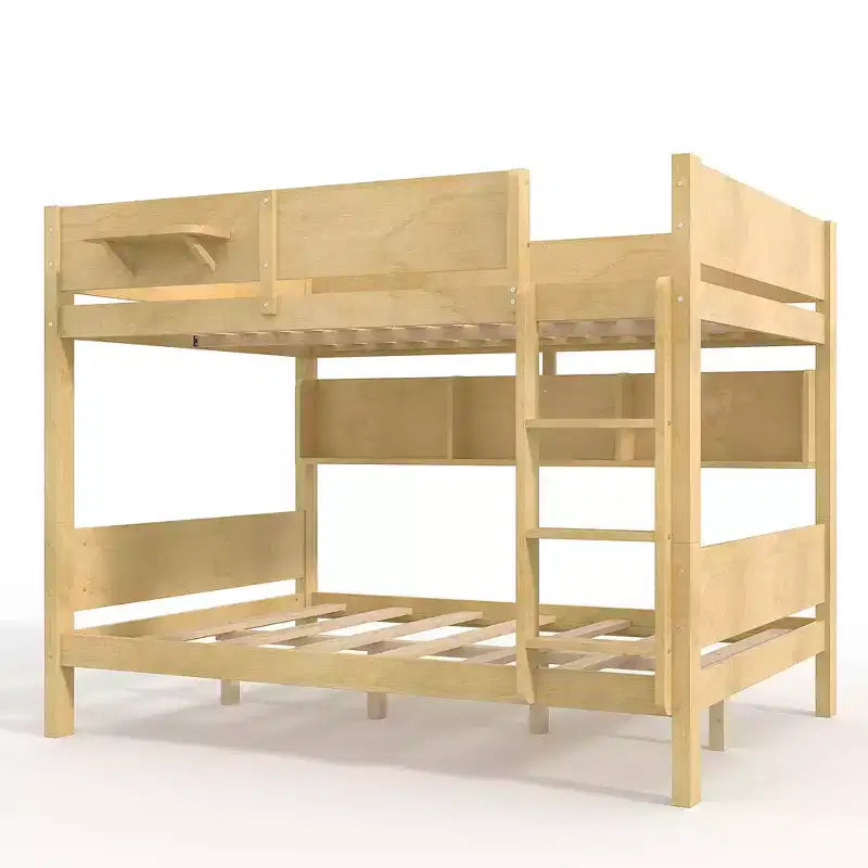 ModernLuxe Queen Size Solid Wood Bunk Bed with Storage Shelves & Built-In Tray, Convertible Bed Frame for Family/Vacation Home