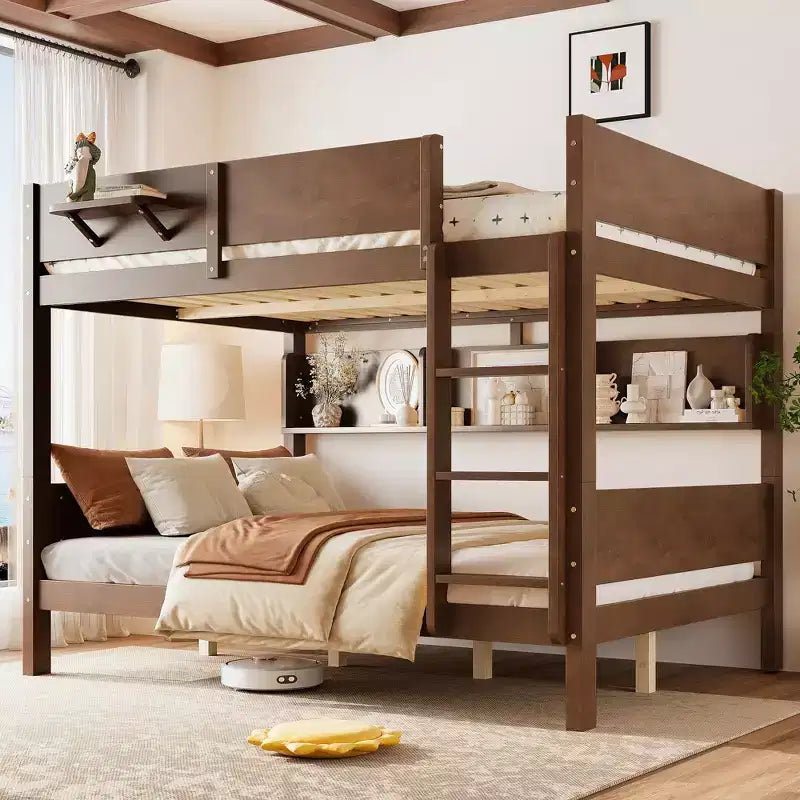 ModernLuxe Queen Size Solid Wood Bunk Bed with Storage Shelves & Built-In Tray, Convertible Bed Frame for Family/Vacation Home