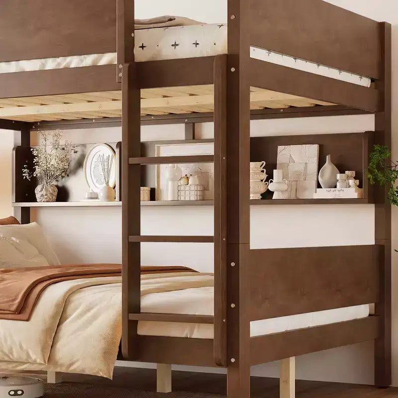 ModernLuxe Queen Size Solid Wood Bunk Bed with Storage Shelves & Built-In Tray, Convertible Bed Frame for Family/Vacation Home