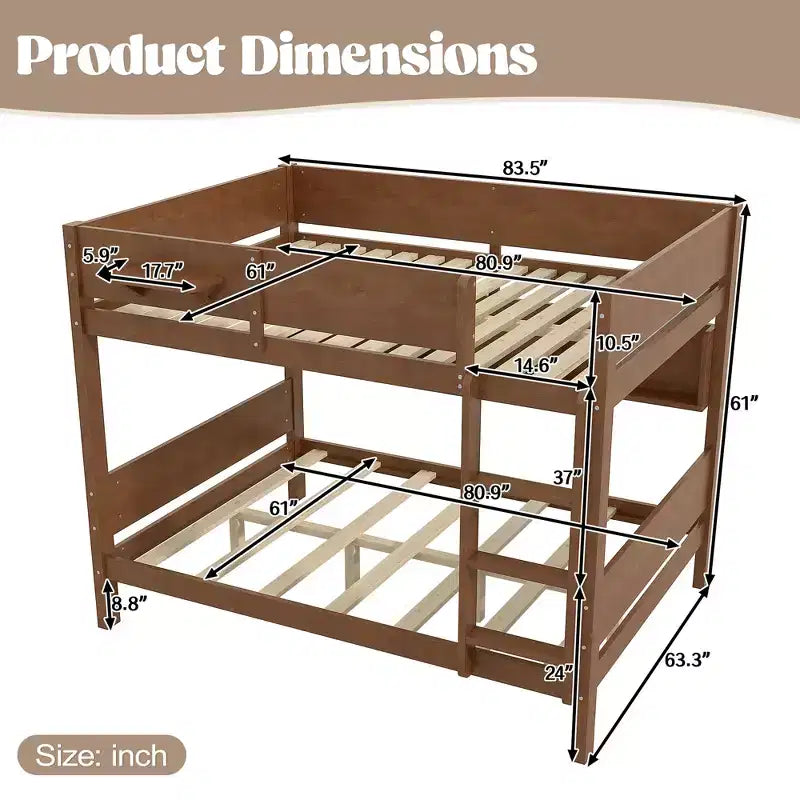 ModernLuxe Queen Size Solid Wood Bunk Bed with Storage Shelves & Built-In Tray, Convertible Bed Frame for Family/Vacation Home