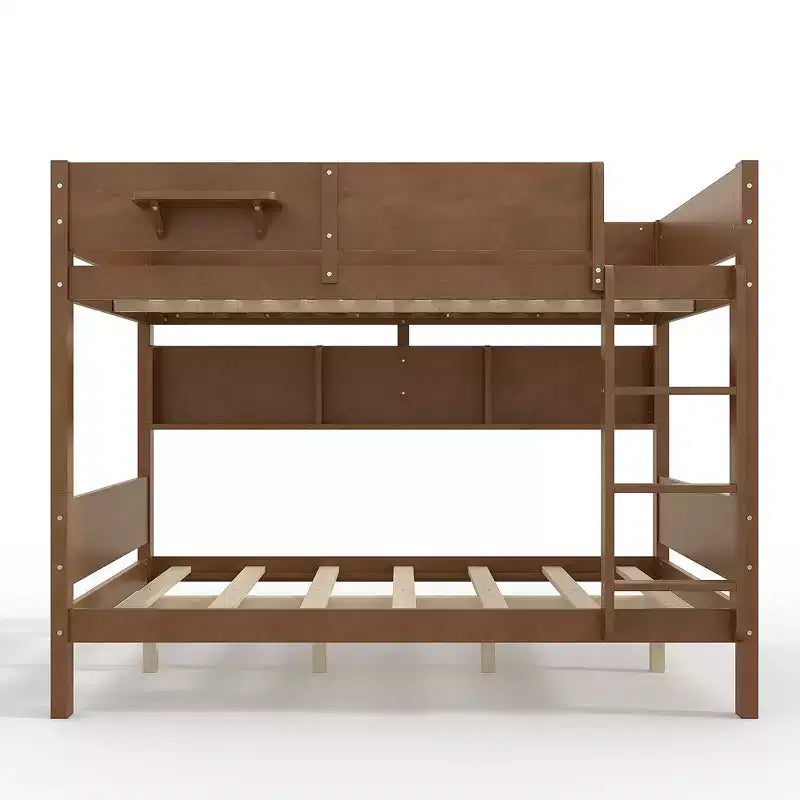 ModernLuxe Queen Size Solid Wood Bunk Bed with Storage Shelves & Built-In Tray, Convertible Bed Frame for Family/Vacation Home