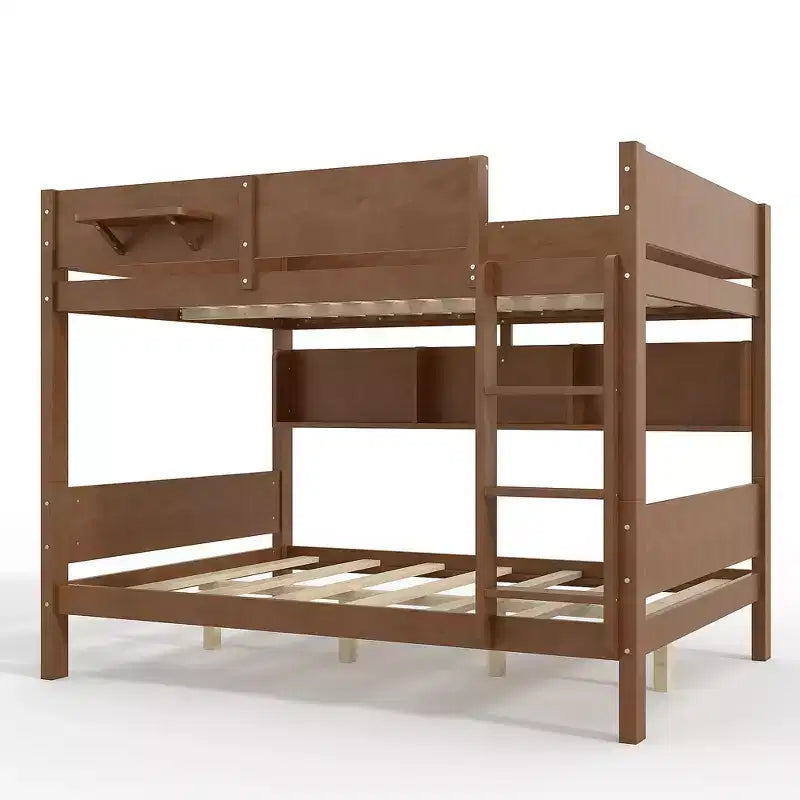 ModernLuxe Queen Size Solid Wood Bunk Bed with Storage Shelves & Built-In Tray, Convertible Bed Frame for Family/Vacation Home